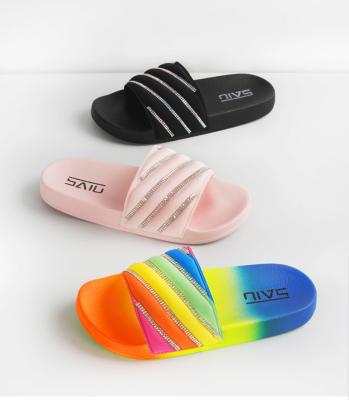 China 2023 fashion trend foreign trade summer border female slippers Europe and the United States Amazon rainbow diamond flip-flop oblique sli for sale