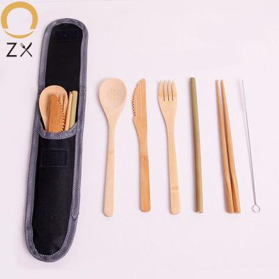 China Sustainable Reusable Bamboo Flatware Flatware Set Travel Cutlery Set Include Fork Knife Spoon Straw Cleaning Brush Chopsticks for sale