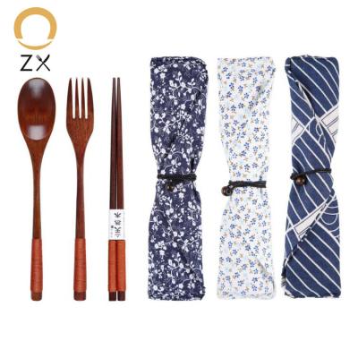 China Wholesale Wooden Amazon Hit 2019 Viable Chopsticks Spoon Fork Set, Japanese Style Travel Wooden Cutlery Set with Line Attached Bag for sale