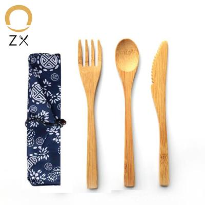 China Amazon Disposable Hot Selling Portable Reusable Bamboo Cutlery Set Flatware in Cloth Bag for Outdoor Travel Picnic for sale