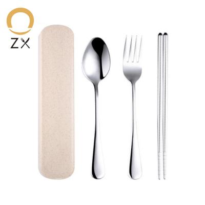 China Sustainable Kids Stainless Steel Spoon Fork Chopsticks Flatware Set In A Case, 3pcs Travel Cutlery Set For Student for sale