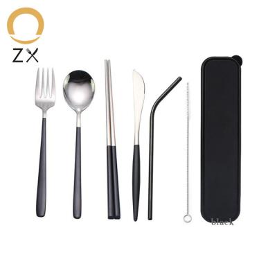 China Viable Black Stainless Steel Fork Spoon Knife Straw Chopstick Travel Cutlery Set With Box For Lunch for sale