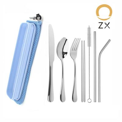 China Sustainable Portable Stainless Steel Travel Cutlery Set With Straw In Box And Pouch for sale