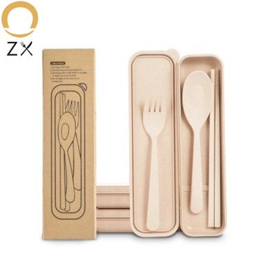 China Newly Sustainable Wheat Portable Reusable Straw 3 Pcs Eco Friendly Tableware Sets Travel Wheat Straw Tableware Cutlery for sale