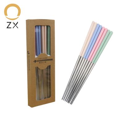 China 4 Pair Disposable 304 Stainless Steel Metal Wheat Straw Colorful Chopsticks Set Eco Reusable Chinese Chopsticks for sale