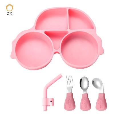 China Bpa Free Baby Food Grade Silicone Tableware Kids Stocked Feeding Set Dinner Dish Straw Fork Spoon for sale