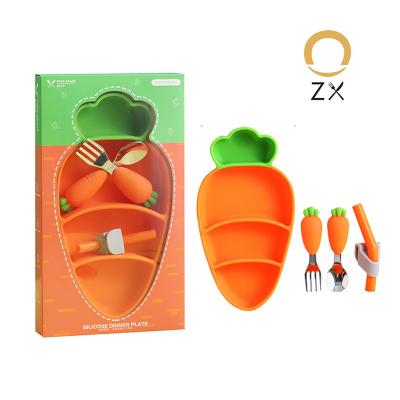 China 2021 New Arrival Minimalist Carrot Shape Dish Eco-friendly Cute Cutlery Set Spoon Fork and Straw Feeding Bib Baby Silicone Dish for sale