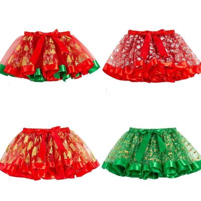 China 2022 Candy Christmas Elk Snowflake Printing Sequins Kids Girls Chiffon Tutu Skirts Kids Pleated Skirt for sale