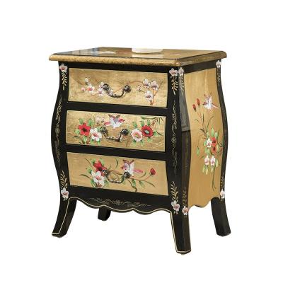 China Flexible Korean Gold Leaf Lacquer Hand Paint Flower And Bird Small Bedside Cabinet for sale