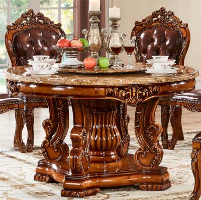 China Eco-freindly Chinese luxury full marble solid wood carving antique natural yurinine color belt turntable dining sets for sale