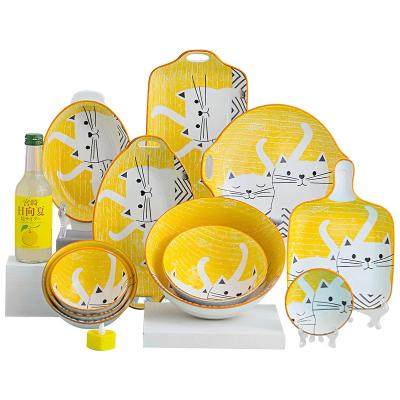 China Viable Wholesale Cute Yellow Cat Design Ceramic Dinnerware Sets for sale