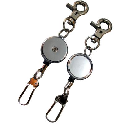 China Durable Custom Logo Metal Badge Epoxy Heavy Duty Reel Keychains With Steel Rope for sale