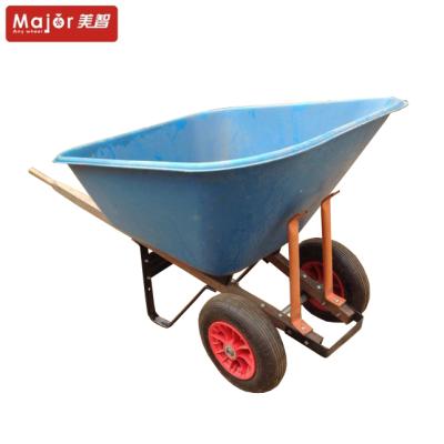 China Large Industrial Plastic Two Wheel Tray Construction Building Garden Wheelbarrow With Steel Wood Handle WB9600 for sale