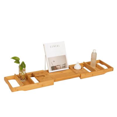 China High Quality Sustainable Phone and Wine Book Reading Adjustable Trays Support Sides Bamboo Expanding Tub Cart for sale