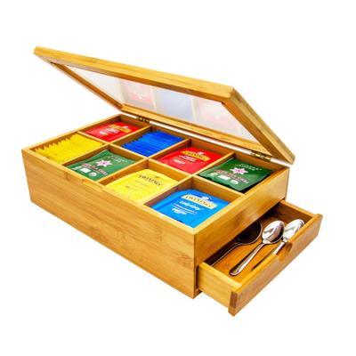 China Eco-Friendly Wholesale Reusable 8 Storage Sections Chest Natural Bamboo Tea Box Hinged Lid Expandable Drawer for sale