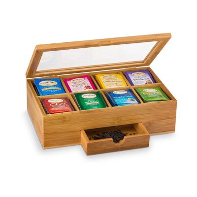 China Wholesale Plant Home 8 Compartment Herb Boxes Natural Bamboo Tea Box Eco-Friendly With Clear Hinged Lid for sale