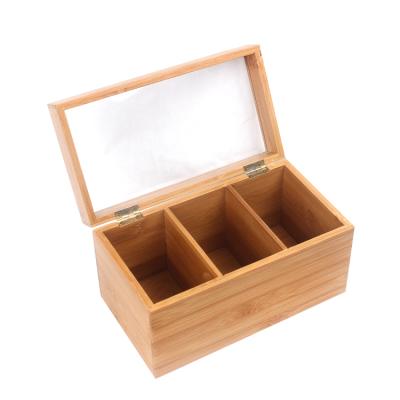 China Personalized Recyclables Style Homeware Handmade Bamboo Tea Bag Holder Box 3 Compartment With Clear Lid for sale