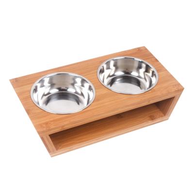 China Sustainable Factory Wholesale Custom Pet Feeder Double Wheels With Extra Two Stainless Steel Bamboo Pet Bowl for sale