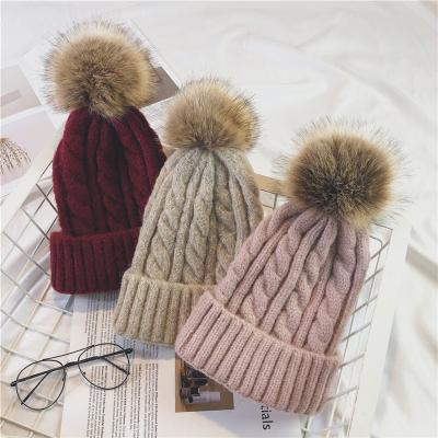 China COMMON MOM and BABY Thick Warm Knitting Fur Winter Hat Pompom Beanie Hats for sale