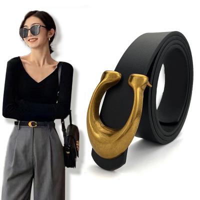 China High Quality Fashion Cowhide Women Leather Trim Waist Strap Designer C Buckle Female Ladies Retro Belt Jeans Belt for sale