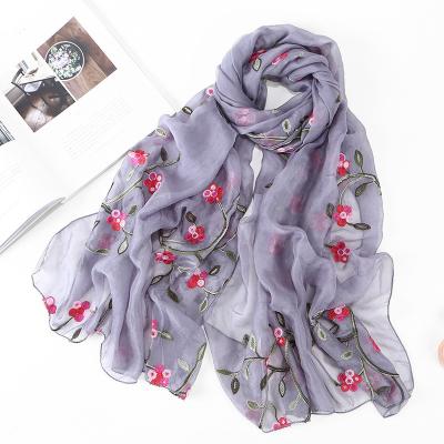 China Sweet soft feeling embroidered women's silk muslim hijab long small wild silk shawl spring scarf and summer flower embroidery for sale