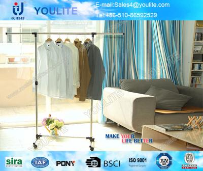 China Telescopic Single Pole Clothes Rack / Movable Clothing Drying Hanger with Wheels for sale