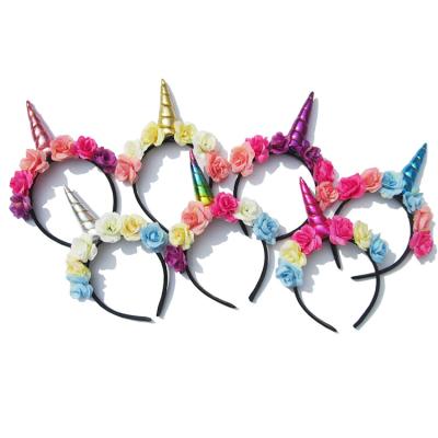 China Rainbow Unicorn Horn Hairband Hair Accessory Flower Headband Kid Birthday Party Hair Christmas Gift for sale