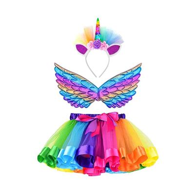 China Rainbow Tutu Dress Outfits Wing and Rainbow Tutu Skirt Outfits Horn Headband Angle Unicorn Birthday Party Kids Unicorn Costume for sale