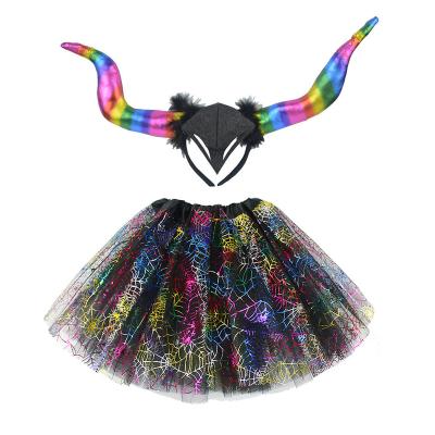 China BEEF horn headband Halloween party tutu skirt with BEEF horn circle headband set for girls dress up costume for sale