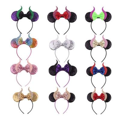 China Halloween Party Kids Halloween Major Hair Accessory Glitter Mouse Ears Headband with Horn for Party Costume for sale