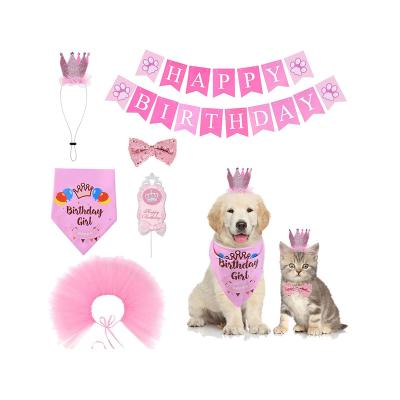 China Viable Dog Happy Birthday Banner Crown Bowtie Bandana Tutu Skirt Cake Topper for Pet Birthday Party Supplies for sale