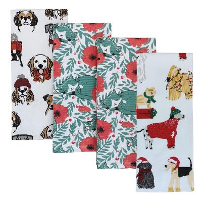 China 100% Cotton Vintage Home Tea Towel Set 100% Hanging Flower Dog Customized Animal Printed Kitchen Towel 4 pcs/set for sale