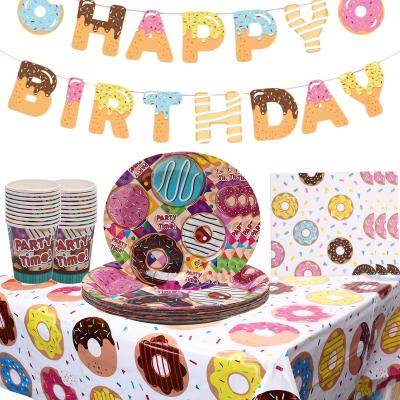 China Home Decoration Donut Party Supplies Package Serves Happy Birthday Banner, Party Dinner Dishes, Napkins, Paper Cups, Table Cloth for sale