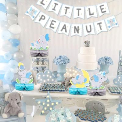 China 100% Blue Baby Boy Centerpieces Eco-Friendly Table Decorations Small Elephant Peanut Banner Honeycomb Home Cutouts For Baby Shower Party for sale