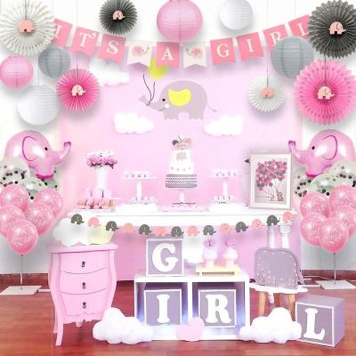 China 100% Eco-Friendly Pink Elephant Baby Shower Decorations For Girl With Guest Book It's Girl Banner Garland Paper Fans Lanterns Cake Toppers for sale