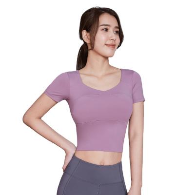 China Breathable New Summer Sports Yoga Apparel Crop Female Splice Short Sports Fitness Suit Short Sleeves Casual T-shirt for sale