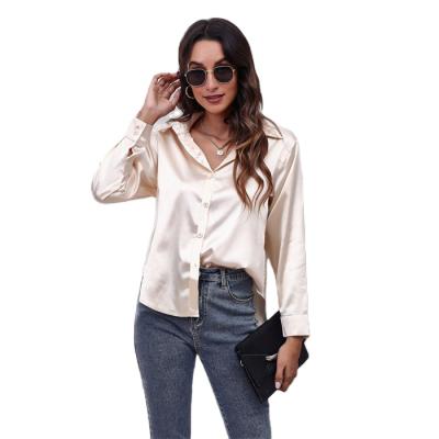 China 2022 Spring Women's Long Sleeves V-Neck Top Fashionable Ladies Vintage Silk Satin Blouse Anti-pilling Blouse for sale