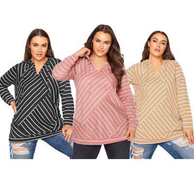 China Women Viable Hoodies Autumn Oversized Sweater Plus Size Hoodies Fashion Simple V-Neck Striped Hoodie for sale