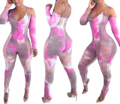 China Viable Fashionable Drop Tie Dye Sexy Overalls For Plus Size Women Off The Shoulder Sling Overalls for sale