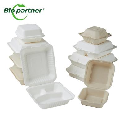 China Modern B08 Sugar Cane Bagasse Paper Pulp Packaging 2 Compartment 2 Take Out 700ml Sugar Cane Clamshell Package for sale