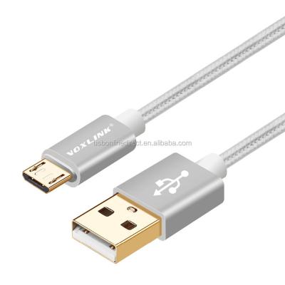 China High Speed ​​Data Transfer USB Cable Micro USB Cotton Round Cable Voxlink 1m Cable Gold Head Silver USB For Android Phones for sale