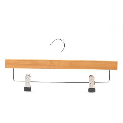 China Hot-selling 35.5cm Anti-Slip High-grade Bottom Hanger High-grade Chrome Chrome Wooden Trouser Hangers Smooth Wood With Metal Clips for sale