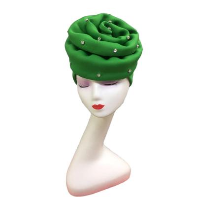 China Wholesale Fashion African Green Head Wraps Hijabs 2020 Muslim Women Big Flower Turban Hats for sale