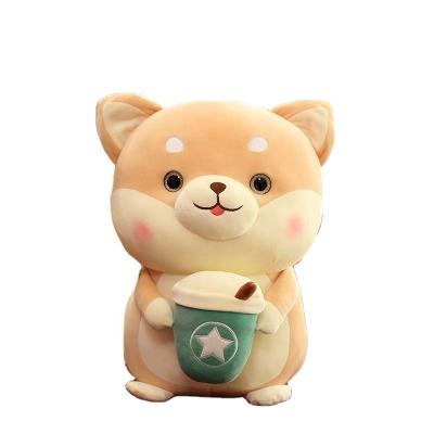 China Cute Dog Stuffed Toy 25cm Cartoon Soft Toy Holding Milk Tea Dog Sound Doll Bedroom Decoration Boba Plush Doll for sale