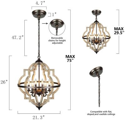 China Antique Rustic Vintage Finish Chimera Farmhouse 6-Light Chandelier Brown Wood Chandeliers For Kitchen Island Living Room for sale