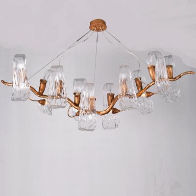 China 2020 Contemporary Hotel LED 10*5W Maple Leaf Copper Glass Lighting Pendant Lamp Long Staircase G9 Chandelier Luxury Villa Design for sale