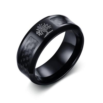 China CLASSIC 8MM Mens Carbon Fiber Tree Of Life Rings Stainless Steel Initial Rings Packed With Ring Box for sale