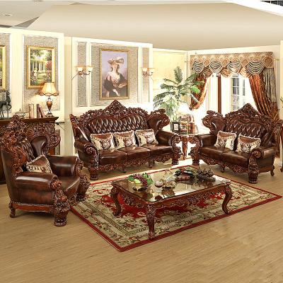 China High End Luxury Carved Living Room Genuine Leather American Royal EUROPEAN Villa Furniture Sofa Sets for sale