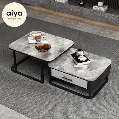 China Other minimalism chipped coffee table stainless steel stone table two pieces center table for living room for sale