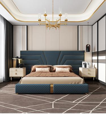 China Modern Luxury Gold Heardboard Bedroom Furniture Genuine Leather King Size Bed for sale